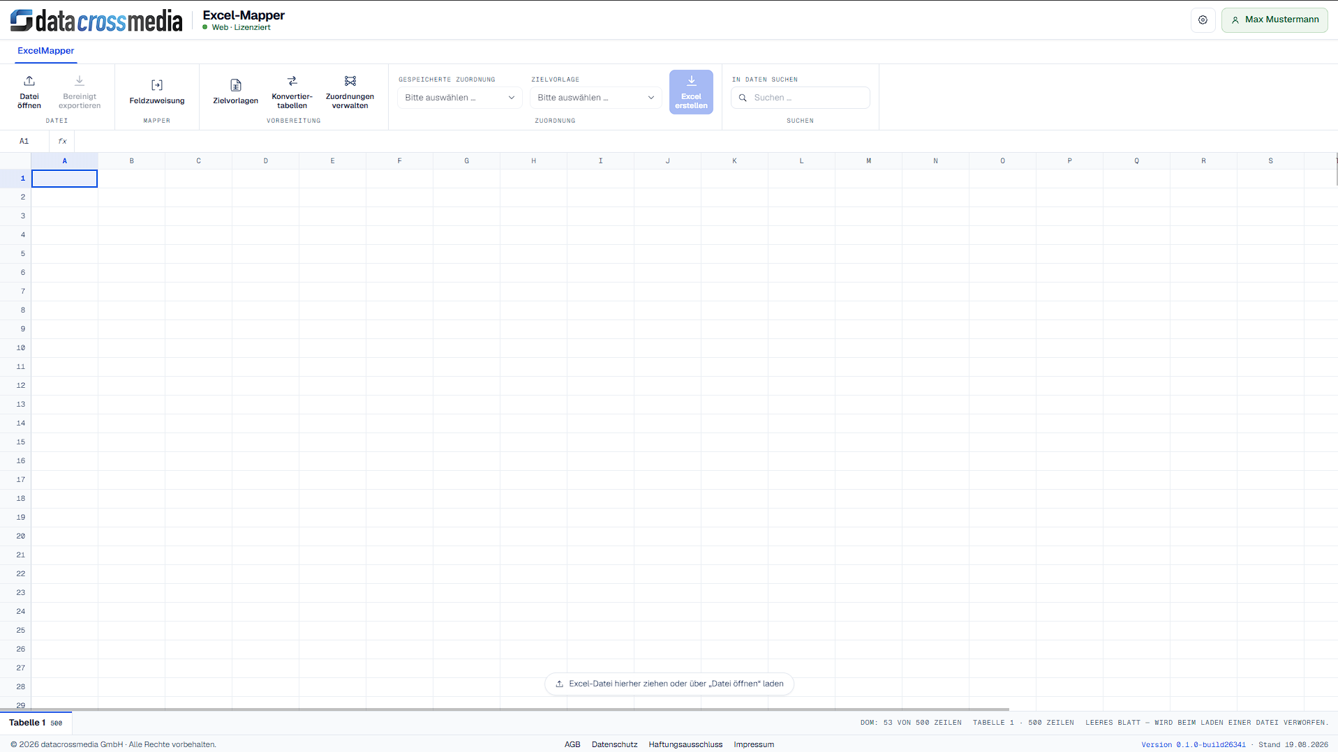 Startseite des Excel Mappers zum Hochladen einer Excel- oder CSV-Datei