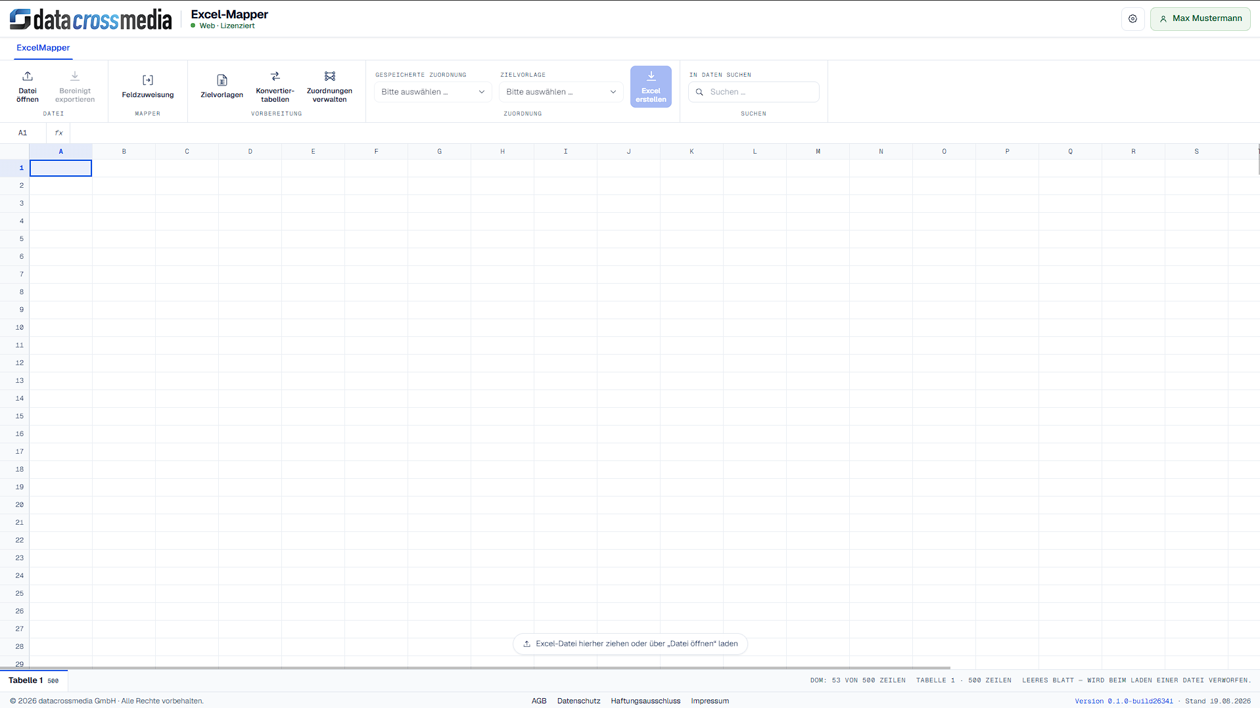 Startseite des Excel Mappers zum Hochladen einer Excel- oder CSV-Datei