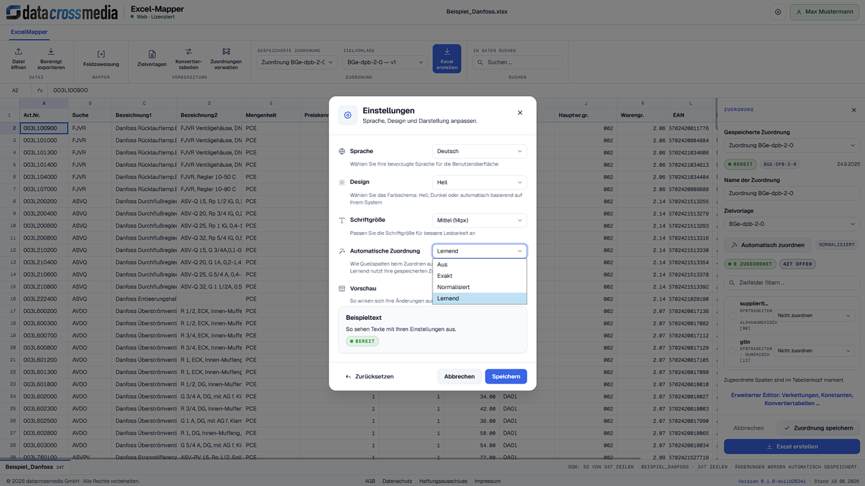 Einstellungen für exakte, normalisierte und lernende automatische Zuordnung